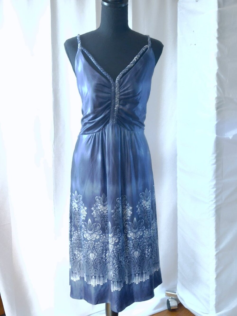 VENUS Blue Damask Print Slip Dress Adjustable Braided Straps Stretchy runs 2X/3X